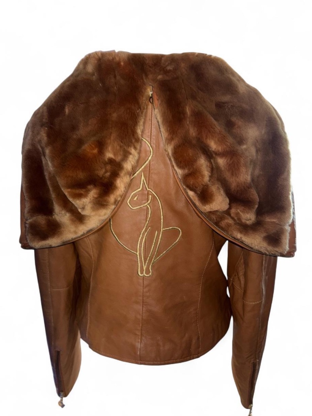 Women's Brown Leather Jacket with Removable Faux Fur Cape